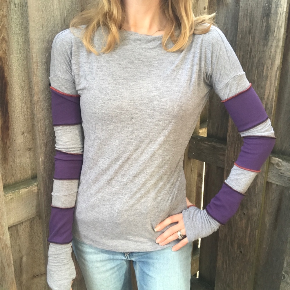 Upcycled Womens Purple Patchwork Shirt Size Medium Long Sleeve Gray Thumb Holes - Picture 7 of 12